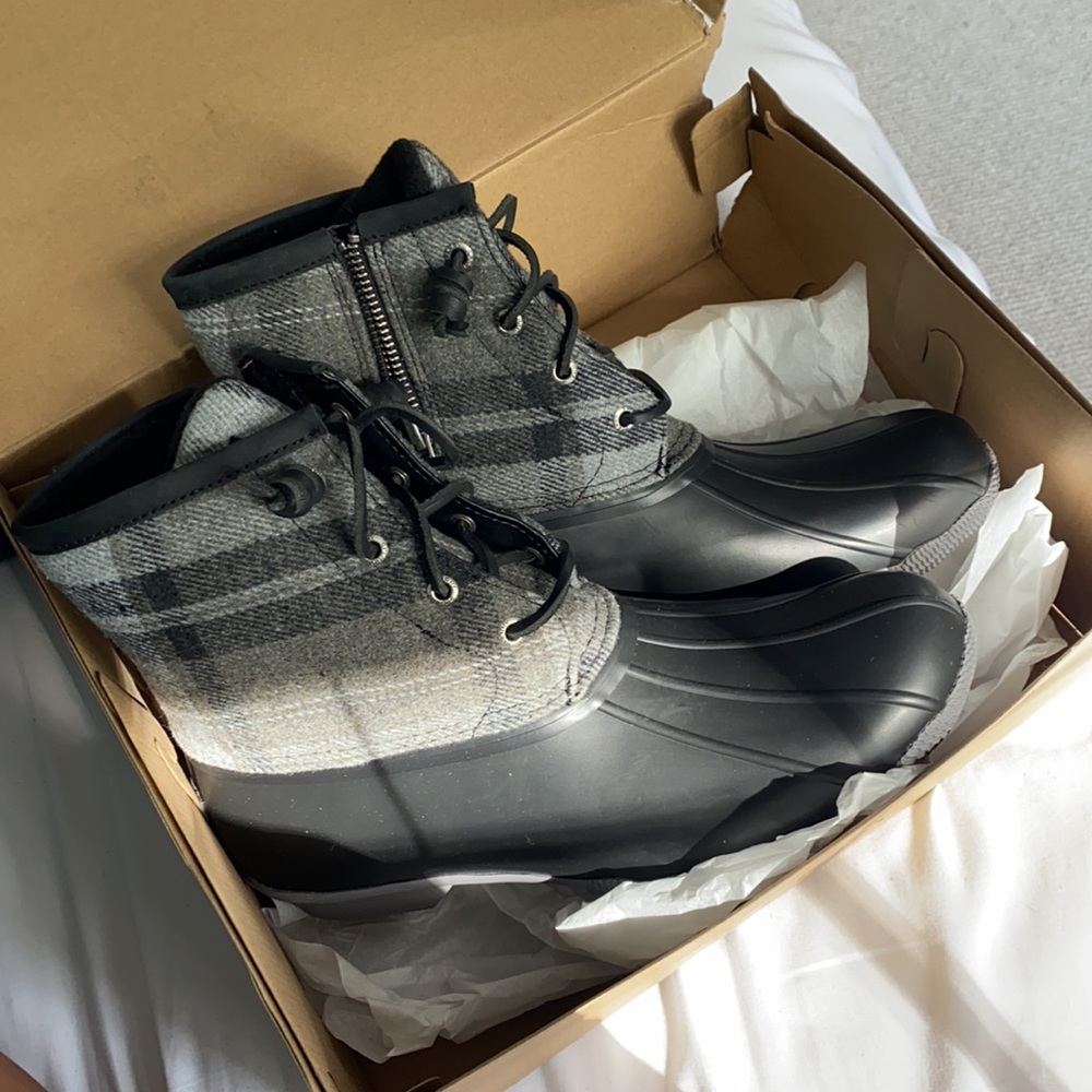 Black and grey sherry duck boots. Brand new!